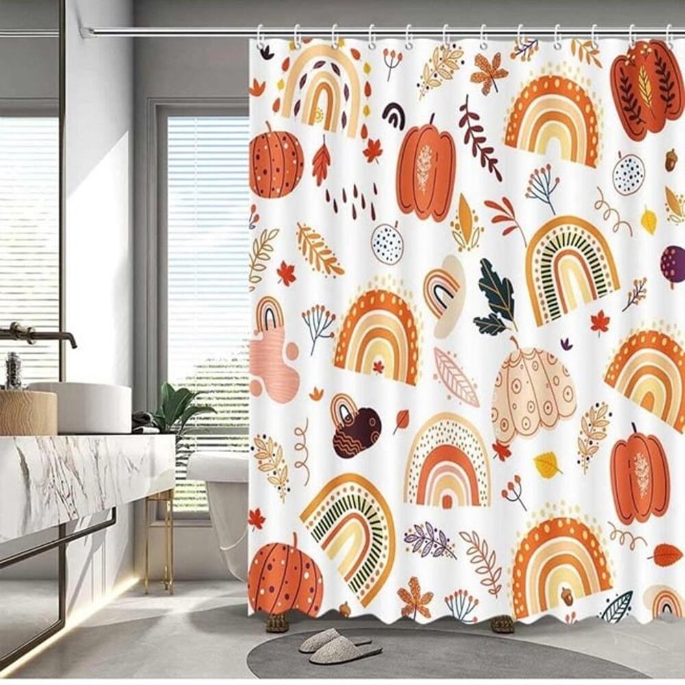 MEHOFOND Fall Pumpkin Boho Rainbow Shower Curtain 72x72 Hooks New